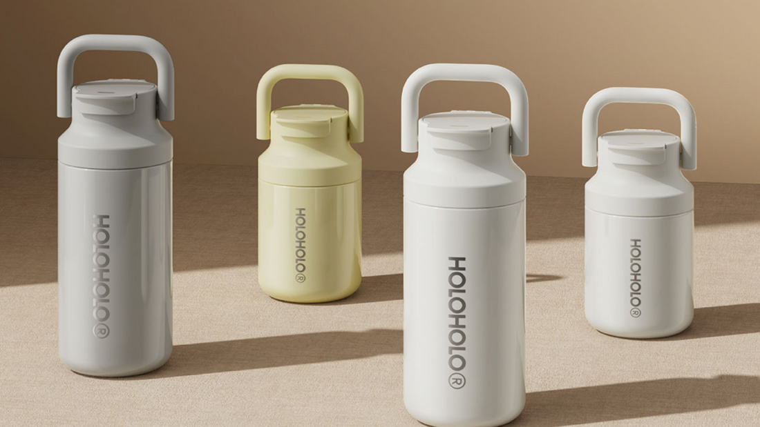 Four HOLOHOLO water bottles with handles in different sizes.