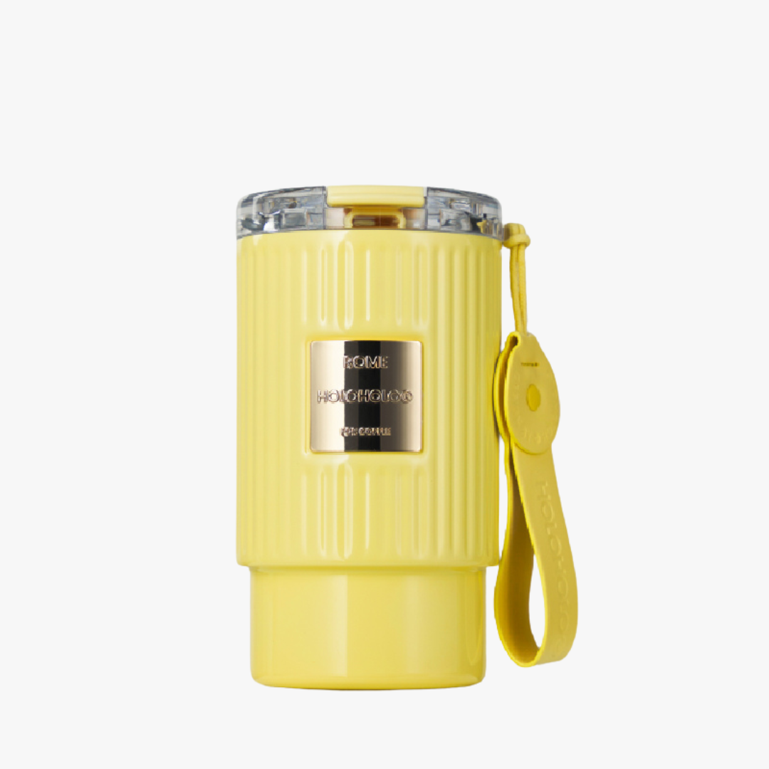 Yellow Rome Coffee Tumbler 17oz - showcasing its soft leather handle, providing a comfortable grip for easy carrying on the go