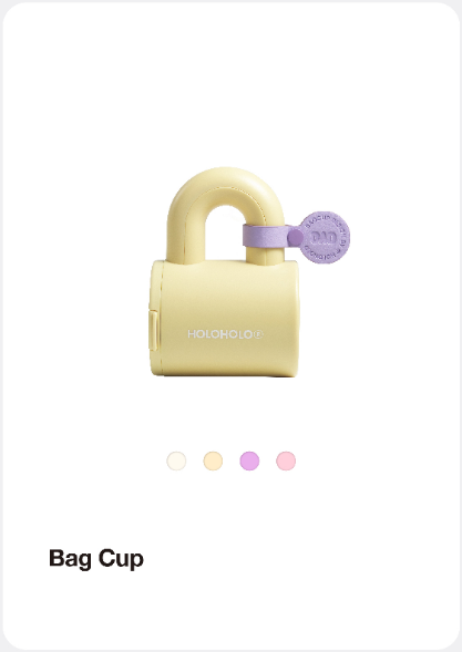 HOLOHOLO Bag Cup insulated mug in a unique lock shape, available in macaron colors. Compact and stylish, perfect for on-the-go hydration. Available in four colors.